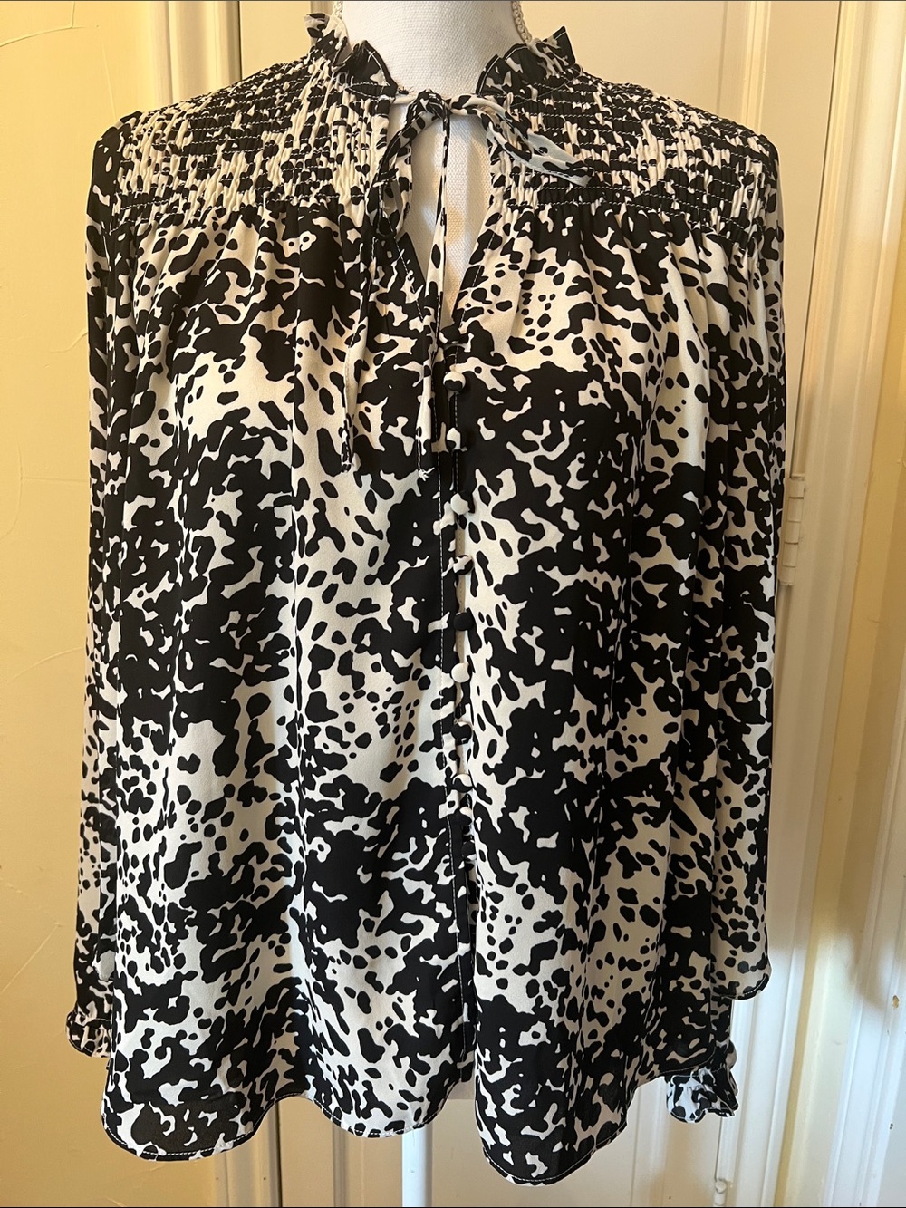 Buddy Love Black & White Smocked Yoke Tie-Neck Blouse